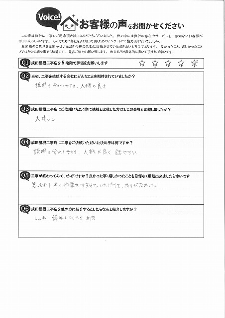 可児市星見台で屋根葺き替え工事をご依頼いただいたお客様アンケート。説明の分かりやすさや担当者の人柄の良さを評価いただき、工事の進行も早く満足とのお声。評価は5段階中5。